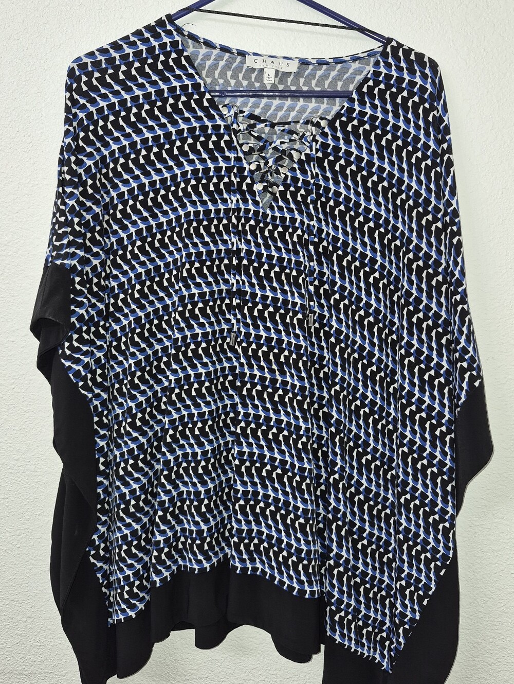 Chaus Poncho Black and Blue Lace-Up Geometric Tunic